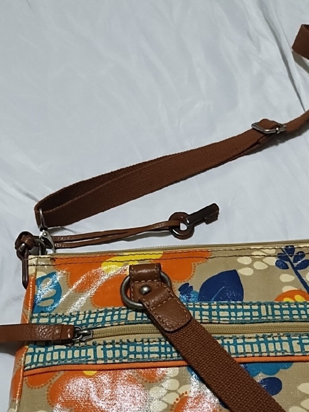 Fossil Vintage Floral Coated Canvas Crossbody Tote in Orange & Tan NWOT - Picture 3 of 8